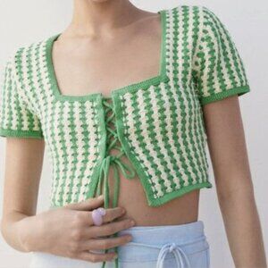 Green and White Crochet-Style Lace Up Crop Top